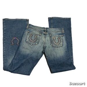 Y2K Texas Couture Low-Rise Blue Western Jeans Horseshoe Embellished Size 29X33”